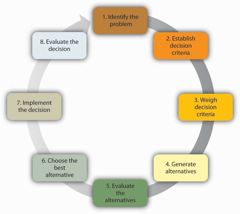 Identify problem, establish decision criteria, weigh the criteria, generate alternatives, evaluate them, choose the best, implement decision, evaluate and start again