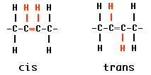 Diagram showing two chemical structures: left is cis with a single bond and aligned hydrogens; right is trans with a double bond and diagonal hydrogens.